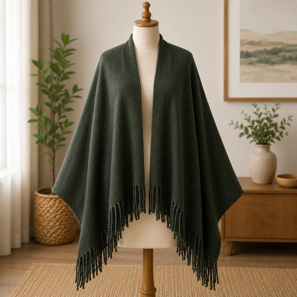 NWT‎ Vince Camuto Fringe Hem Wrap Poncho Womens OS Black Open Front Knit